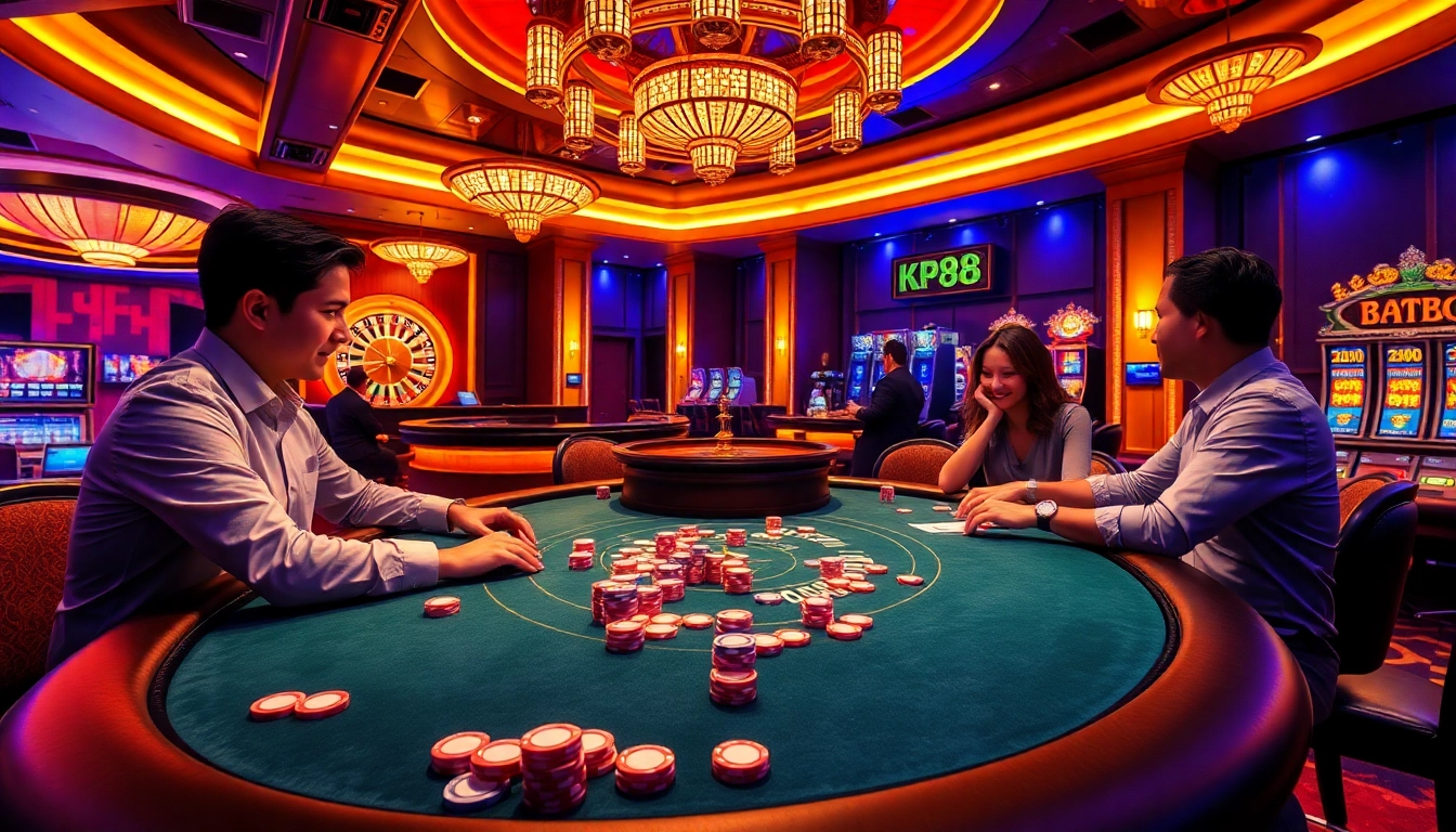 Engaging live casino gameplay at KP88 with professional dealer and vibrant poker chips.