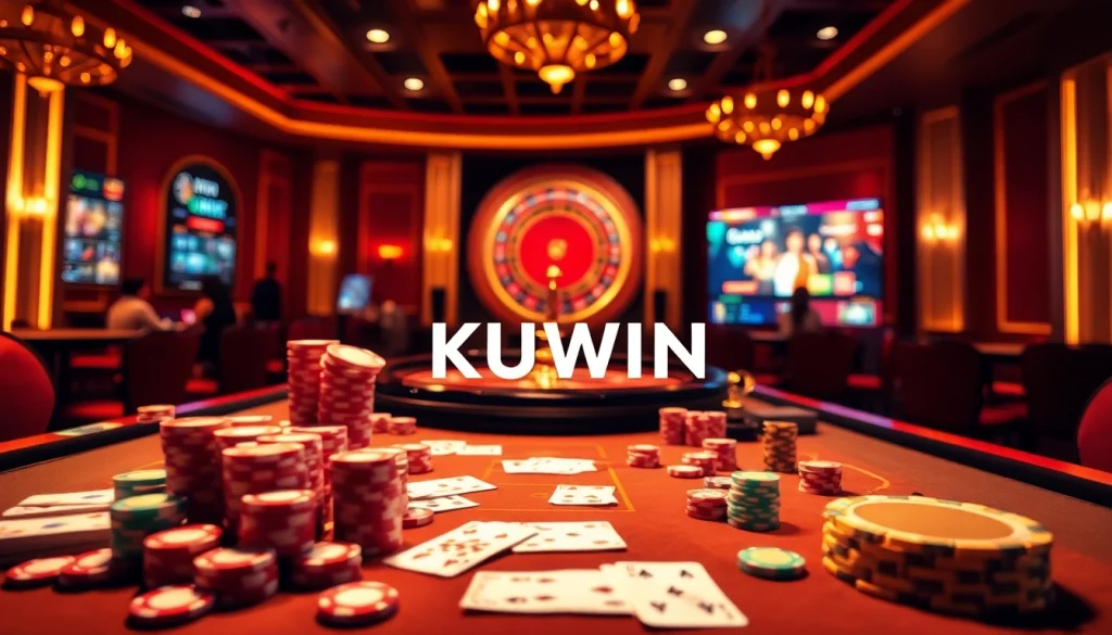 Engage in thrilling casino action with KUWIN's vibrant gaming atmosphere, featuring poker chips and roulette wheels.