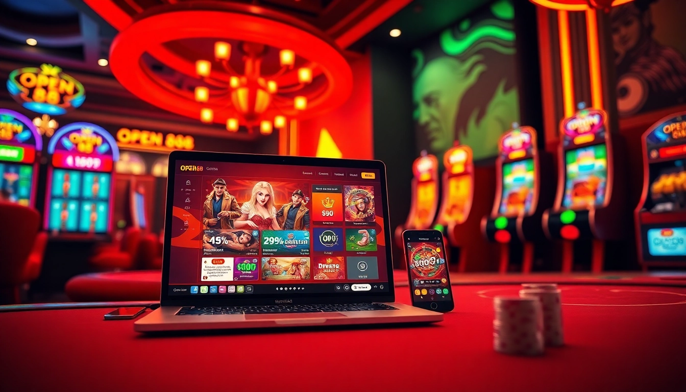 Experience the excitement of OPEN 88's online casino platform with modern gaming displays and vibrant casino elements.