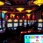 The vibrant slot area in a luxurious casino filled with various themed slot machines showcasing winning combinations.