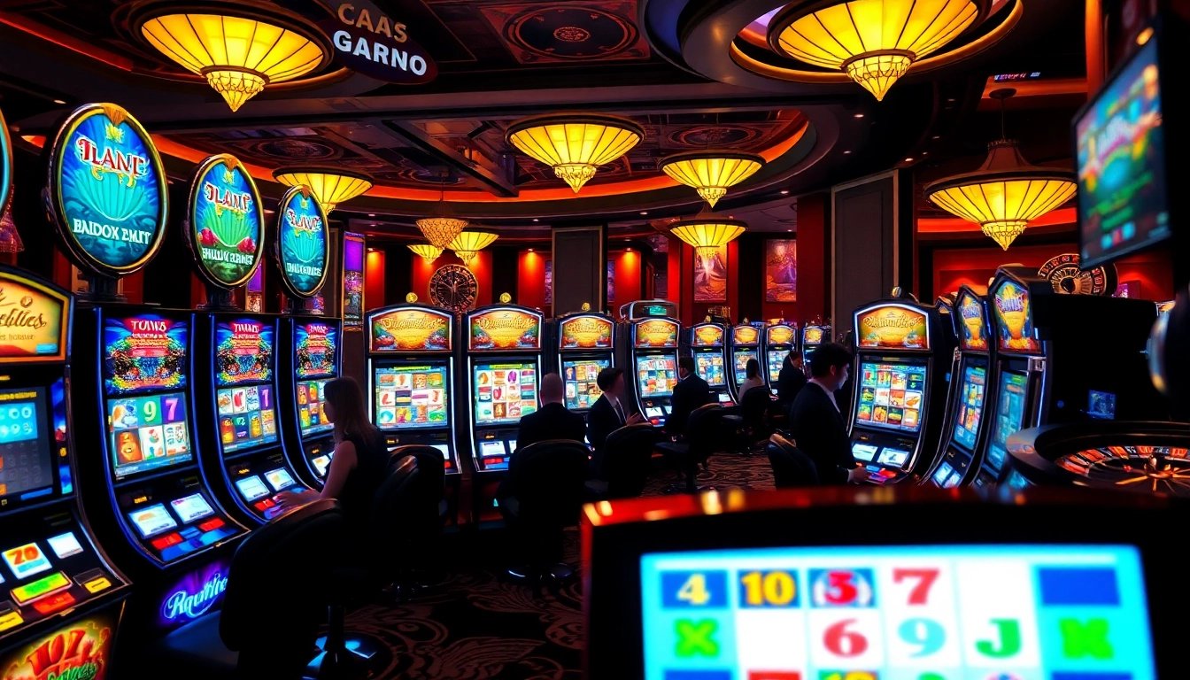 The vibrant slot area in a luxurious casino filled with various themed slot machines showcasing winning combinations.