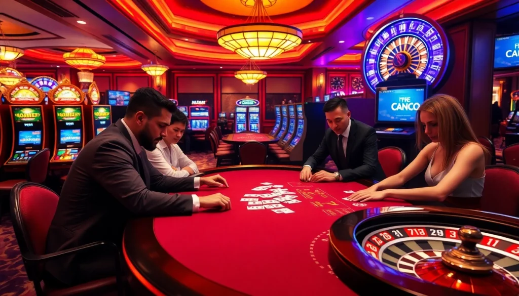 MK8 casino excitement with players at a high-stakes poker table and vibrant slot machines.