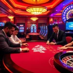 MK8 casino excitement with players at a high-stakes poker table and vibrant slot machines.