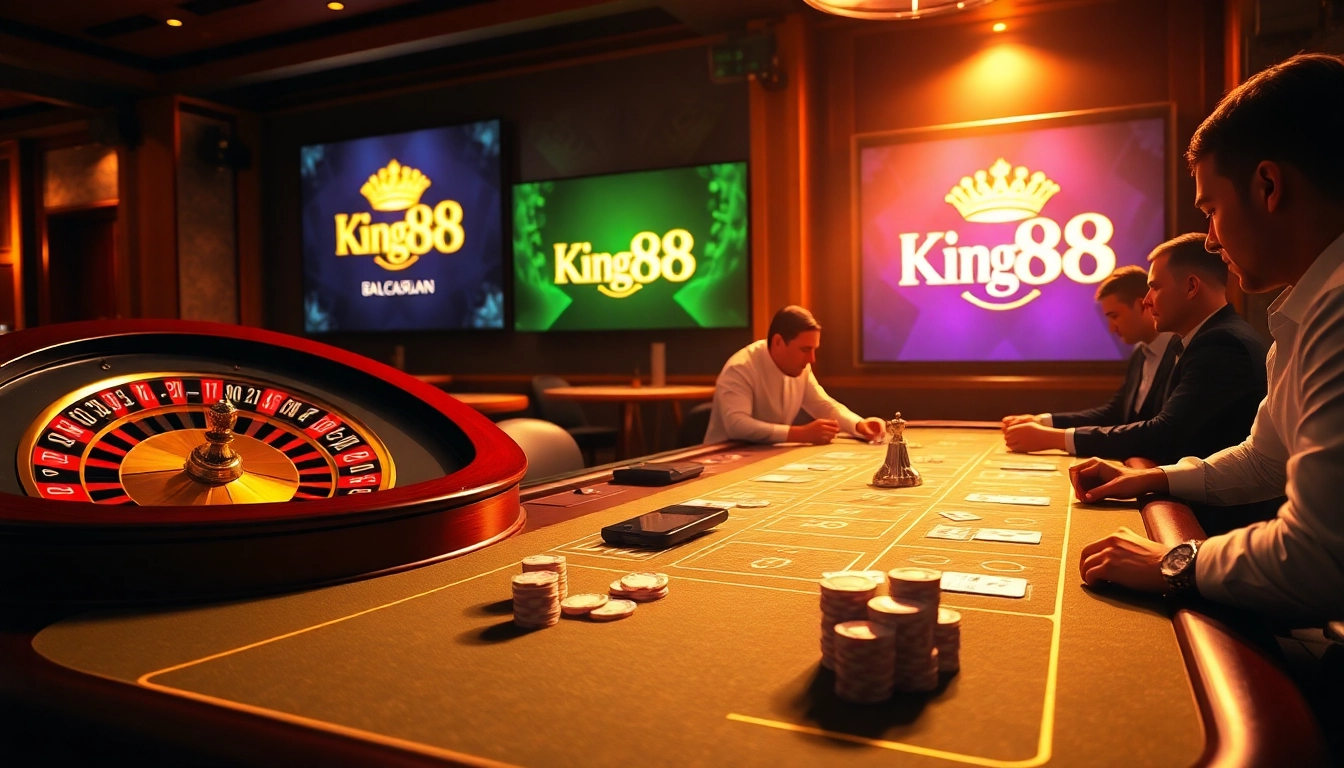 Experience the excitement of gambling at King88 with vibrant casino tables and engaging players.