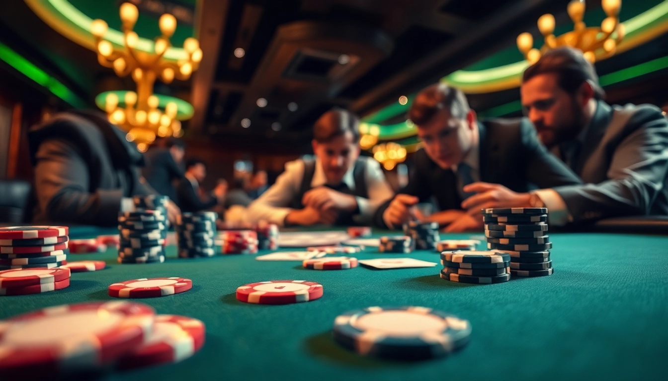 Main poker88 permainan di kasino dengan pemain yang terlibat dalam aksi intens.