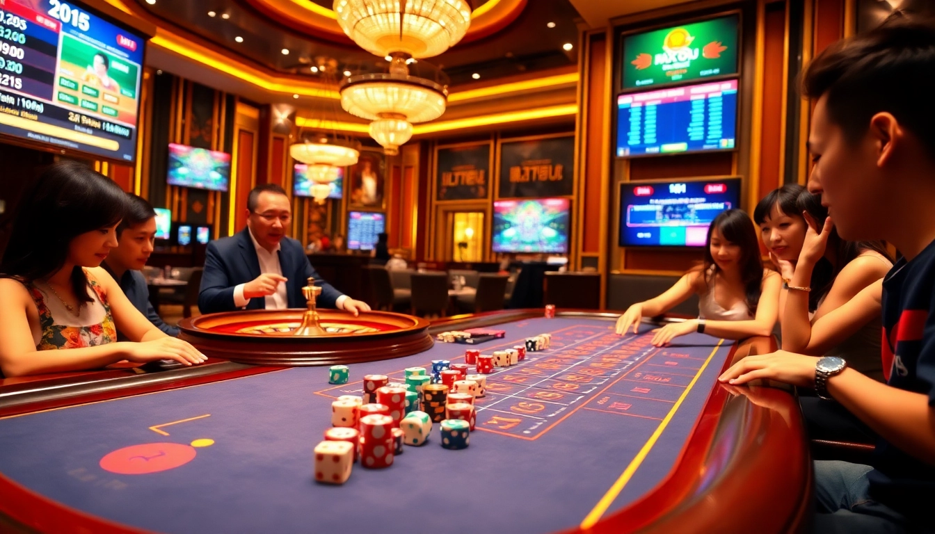 Players enjoying the Tài Xỉu MD5 game at https://taixiumd5.fan/ with vibrant dice and poker chips.