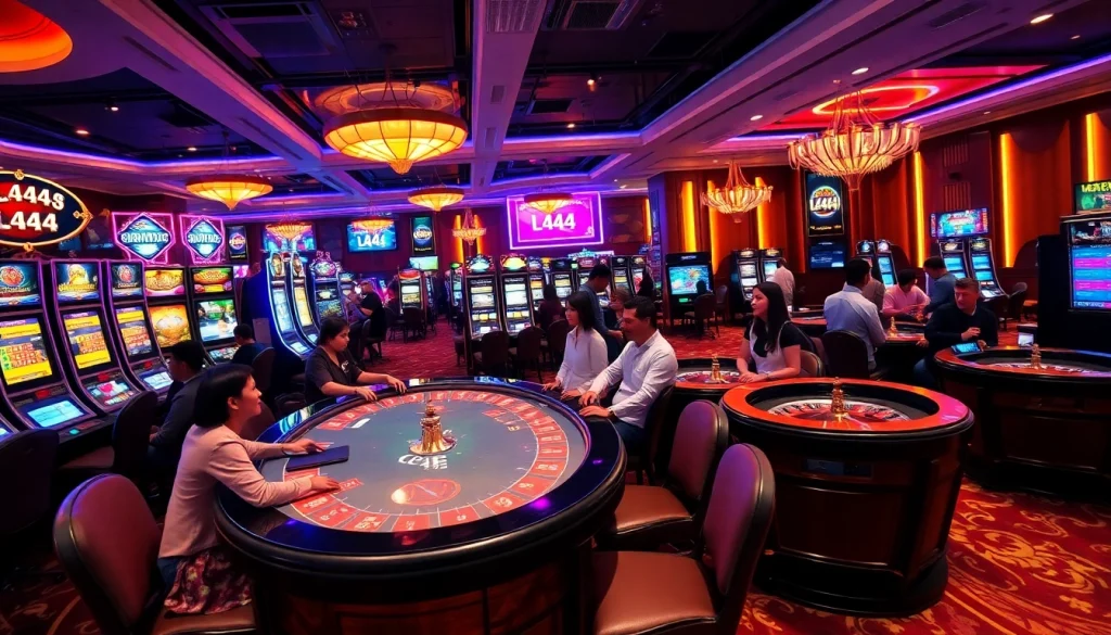 Experience thrilling moments at L444 with players engaging at colorful casino tables and machines.