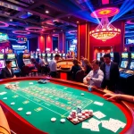 Exciting casino gaming experience at Thabet77 with blackjack, roulette, and vibrant slot machines.