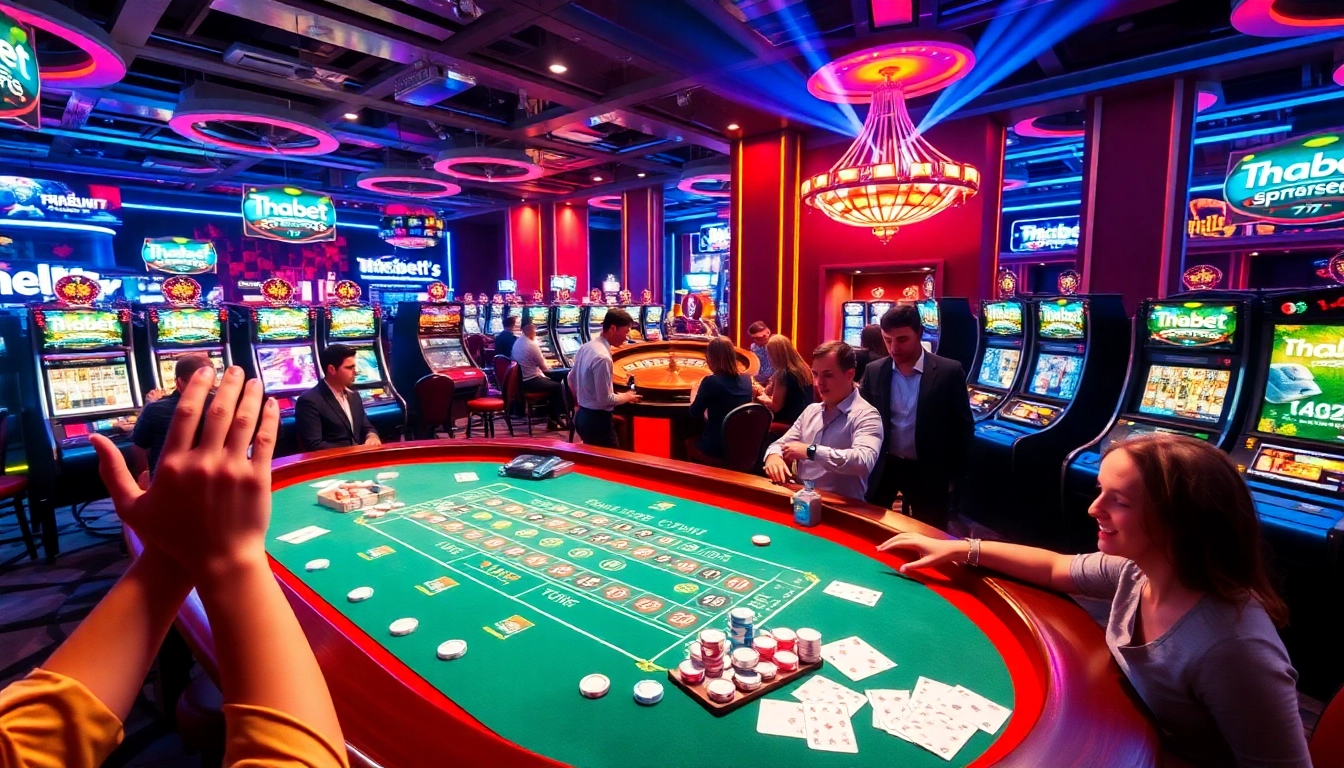 Exciting casino gaming experience at Thabet77 with blackjack, roulette, and vibrant slot machines.