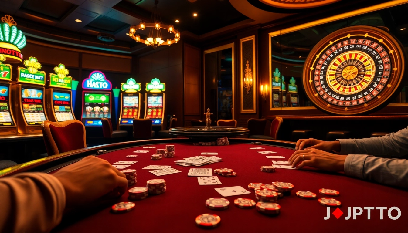 Aksi poker yang menarik di kasino JPTOTO dengan mesin slot yang cerah dan chip taruhan.