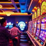 Exciting RR88 casino scene with vibrant slot machines, players, and roulette wheel.