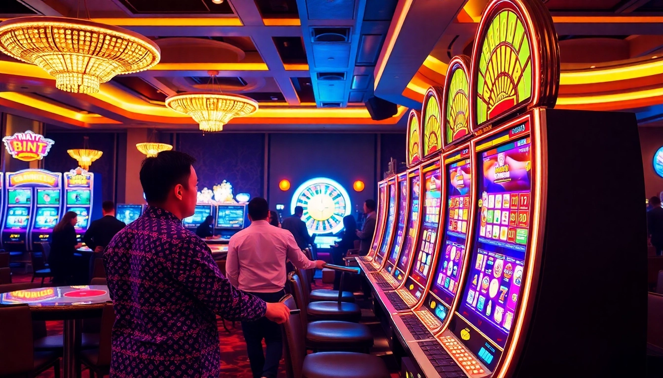 Exciting RR88 casino scene with vibrant slot machines, players, and roulette wheel.