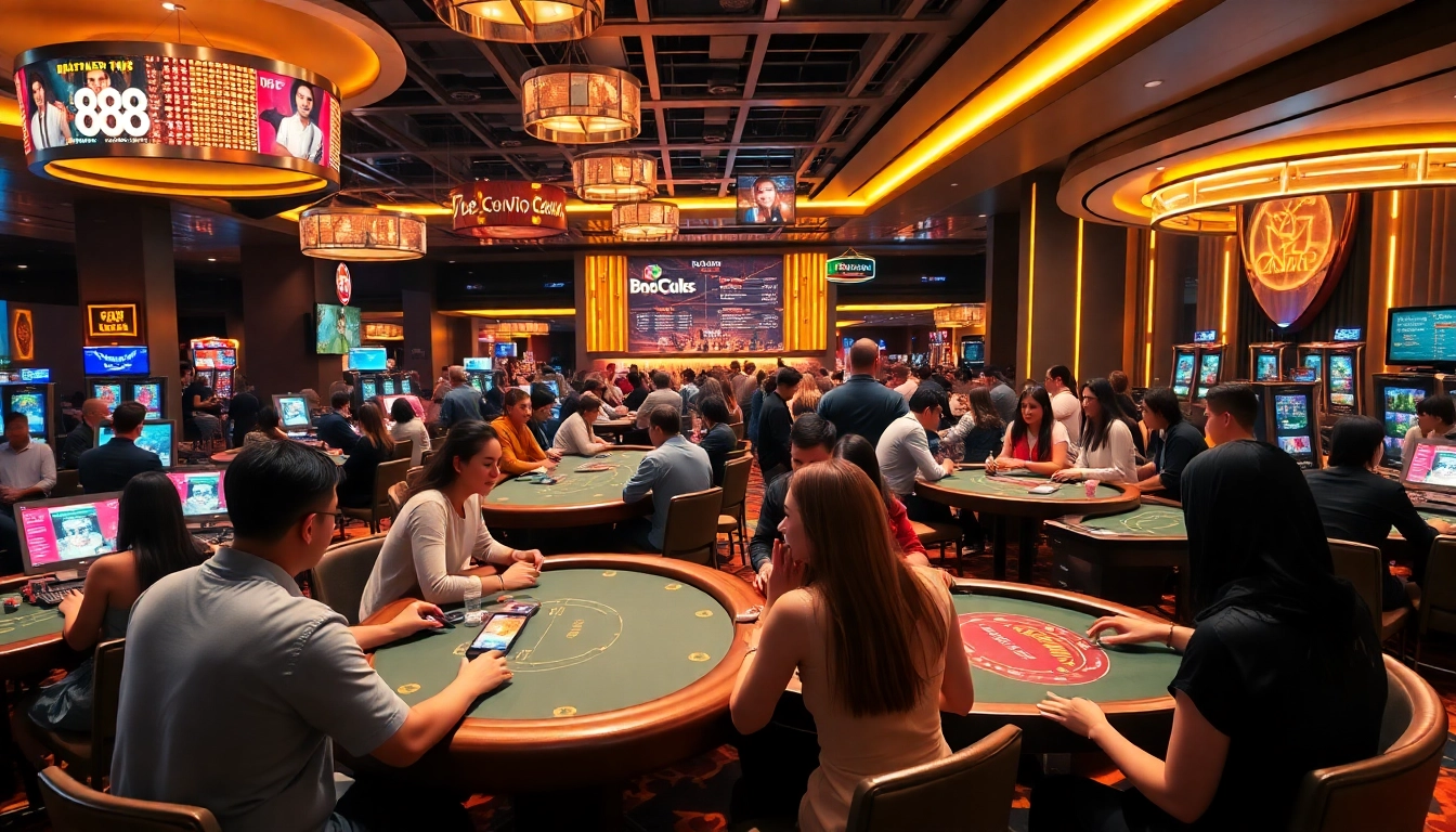 Vibrant casino scene depicting players at 88clb engaged in gaming, showcasing excitement and community.