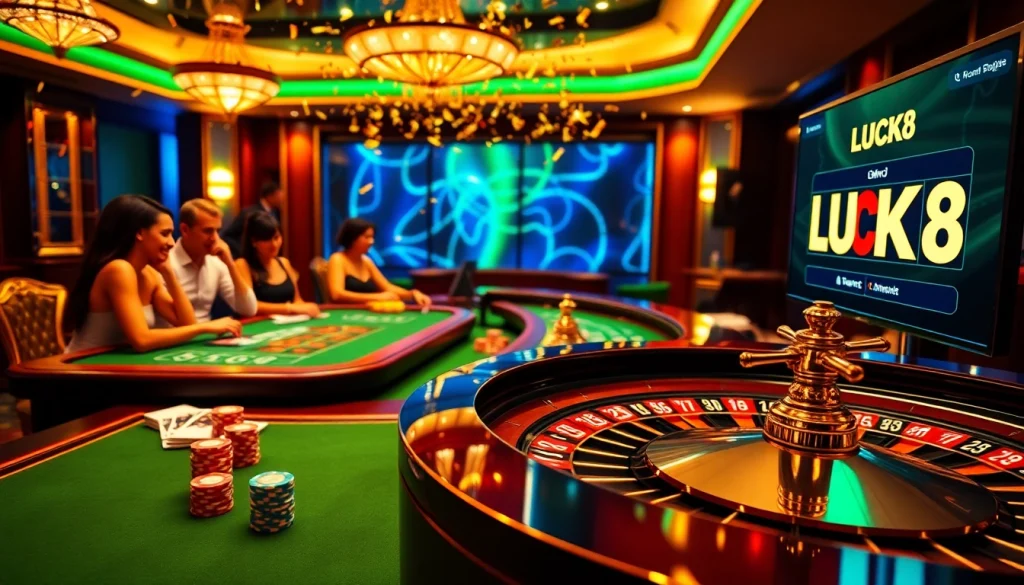 LUCK8 players enjoying thrilling games at a luxurious casino table with vibrant chips and cards.