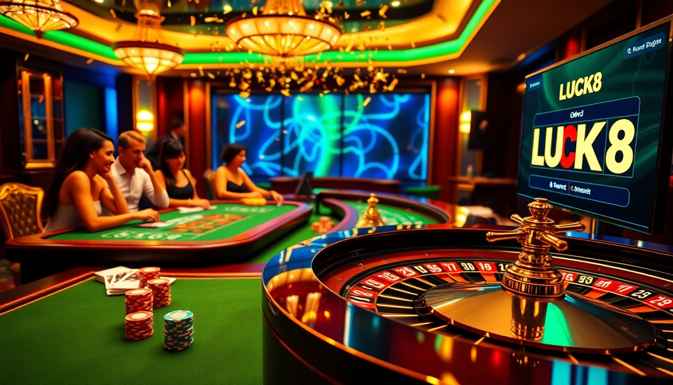 LUCK8 players enjoying thrilling games at a luxurious casino table with vibrant chips and cards.