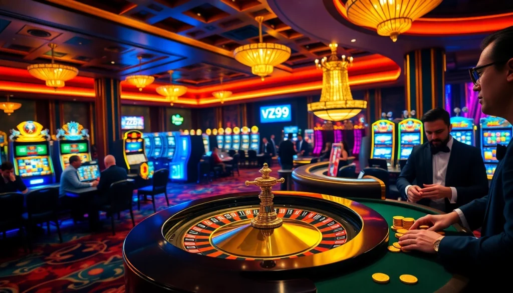 Experience the thrilling excitement of vz99 casino gaming with vibrant tables and glowing roulette wheels.