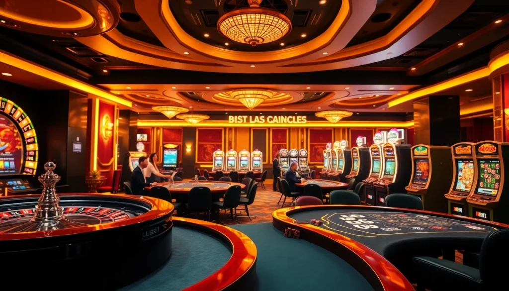 Players enjoying games at bl555, featuring roulette, poker tables, and slot machines.