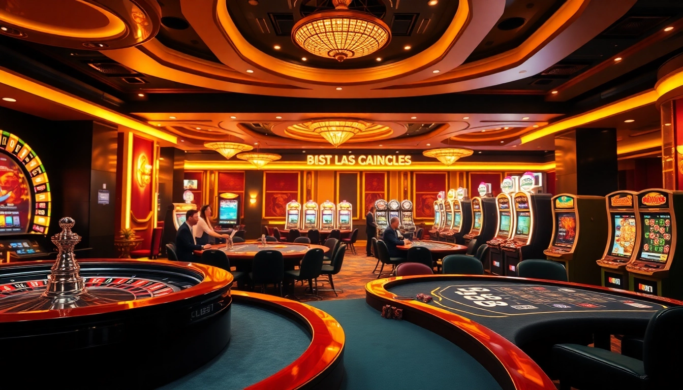 Players enjoying games at bl555, featuring roulette, poker tables, and slot machines.