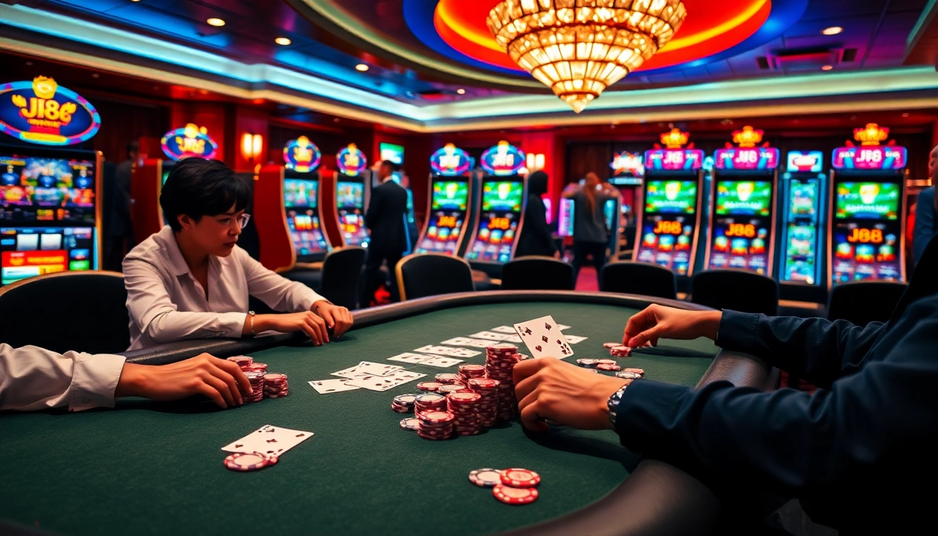 Action at J88 com poker tables with colorful chips and cards in play.