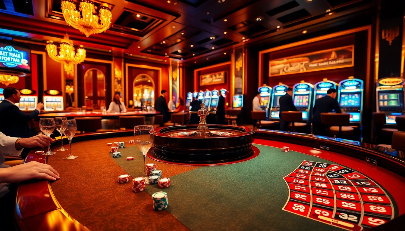 Experience the thrill of winning at https://luckywin.fan/ with a vibrant casino scene featuring roulette and poker tables.