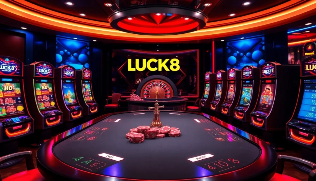 Engage with LUCK8 at a modern casino table featuring vibrant slot machines and poker chips.