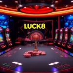 Engage with LUCK8 at a modern casino table featuring vibrant slot machines and poker chips.
