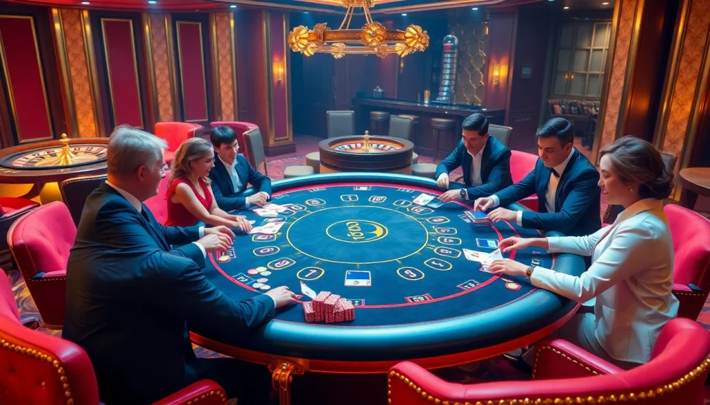 Engaging GO8-themed poker game scene showcasing high-stakes excitement and luxurious decor.