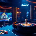 Kuwin engaging casino scene featuring modern roulette and slot machines, showcasing premium online gambling experience.