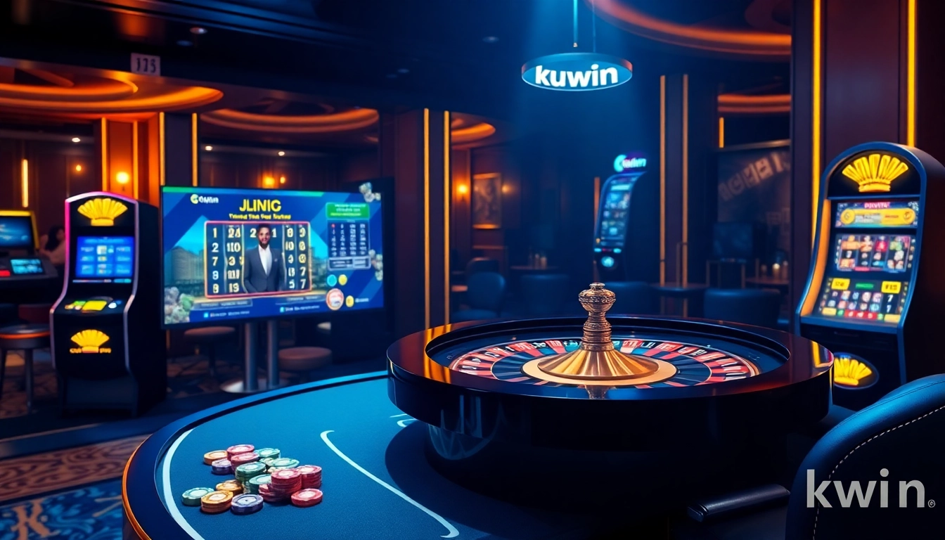Kuwin engaging casino scene featuring modern roulette and slot machines, showcasing premium online gambling experience.