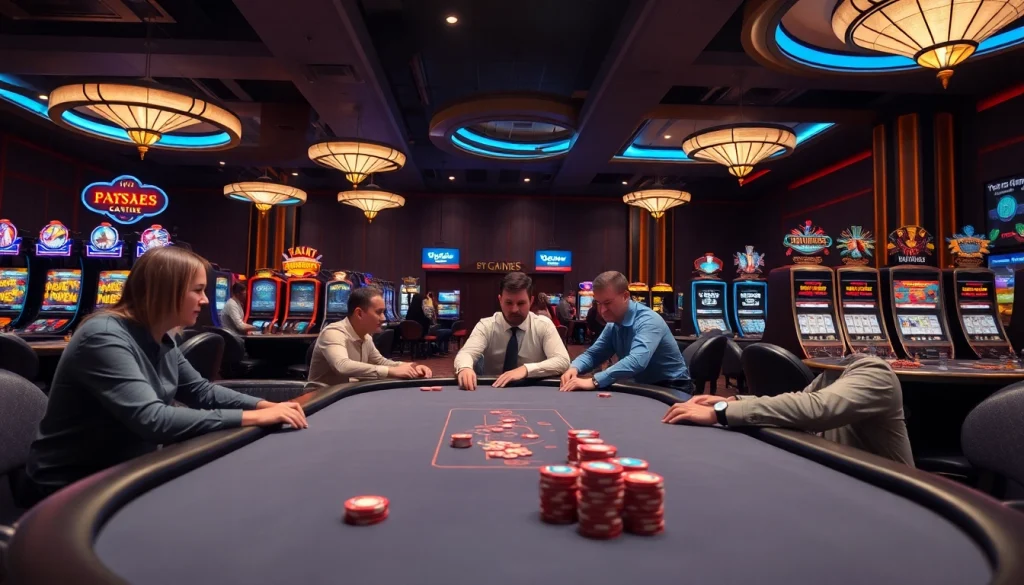 Permainan SBOBET yang mendebarkan di kasino dengan pemain terfokus dan suasana mewah.