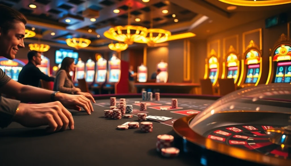 Experience the thrill of BDTK66 at a luxury casino with vibrant gaming tables and excited players.