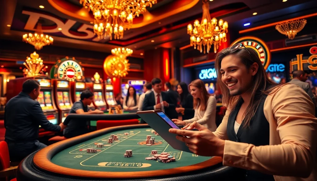 Exciting scene portraying BRO138 login on a tablet amidst a vibrant casino atmosphere with poker chips and slot machines.