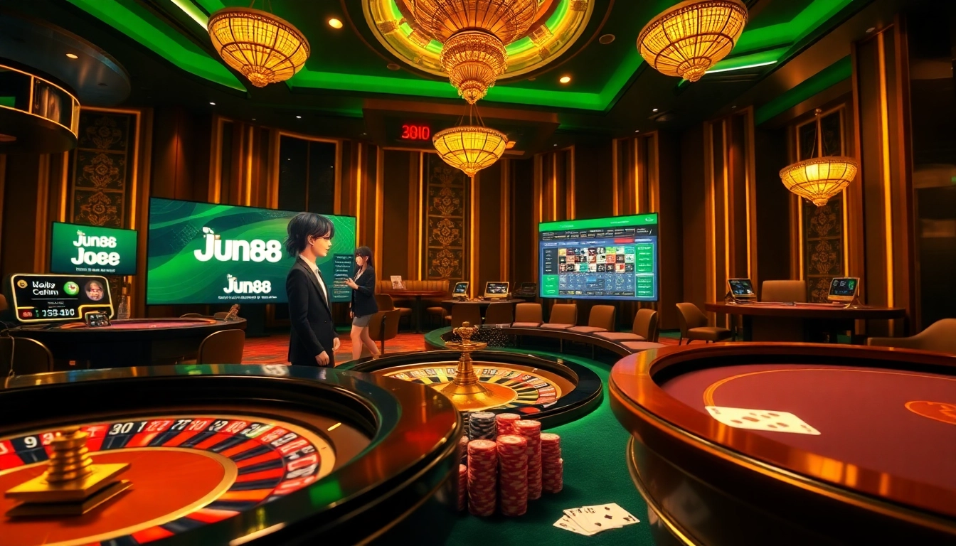Players enjoying a high-stakes poker game at Jun88's luxurious online casino.