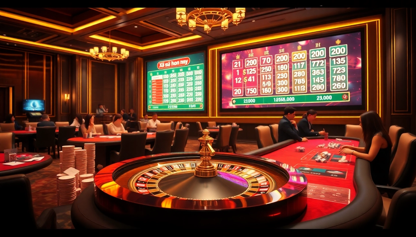 Xổ số hôm nay results showcased in a luxurious casino atmosphere with roulette and poker tables.
