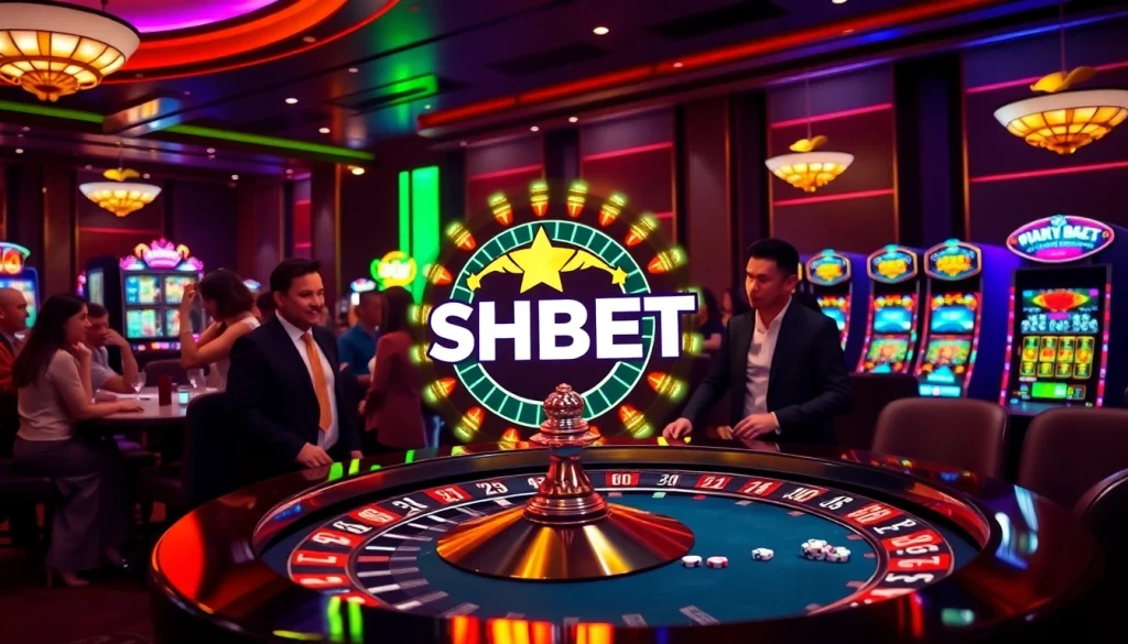 SHBET roulette wheel in a luxurious casino environment with players and cards.