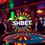 SHBET roulette wheel in a luxurious casino environment with players and cards.