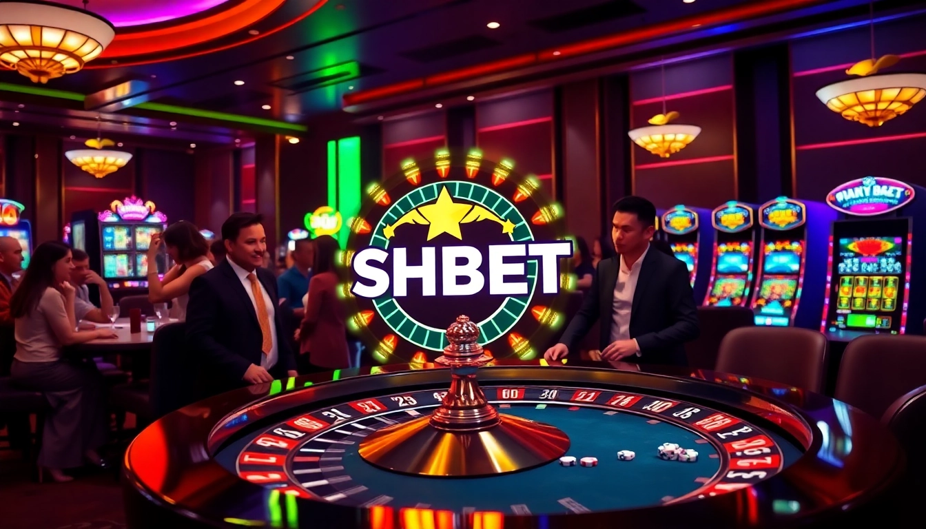 SHBET roulette wheel in a luxurious casino environment with players and cards.