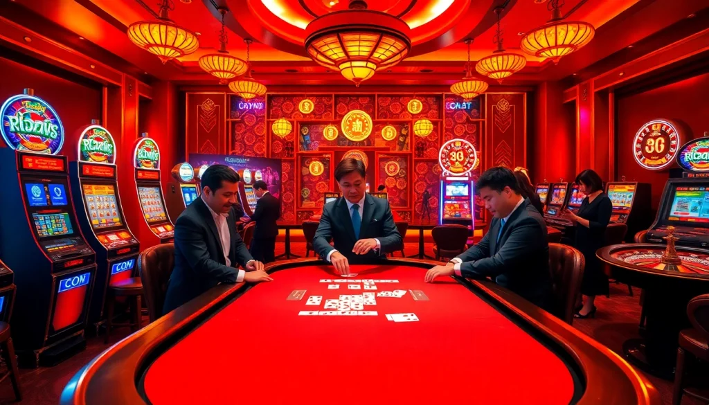 Enjoying Truyện ma-themed stories at an exciting casino, featuring poker tables and vibrant slot machines.