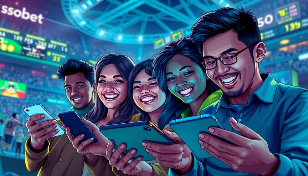 Exciting sbobet sports betting scene with diverse players using digital devices during a live event.