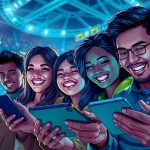 Exciting sbobet sports betting scene with diverse players using digital devices during a live event.