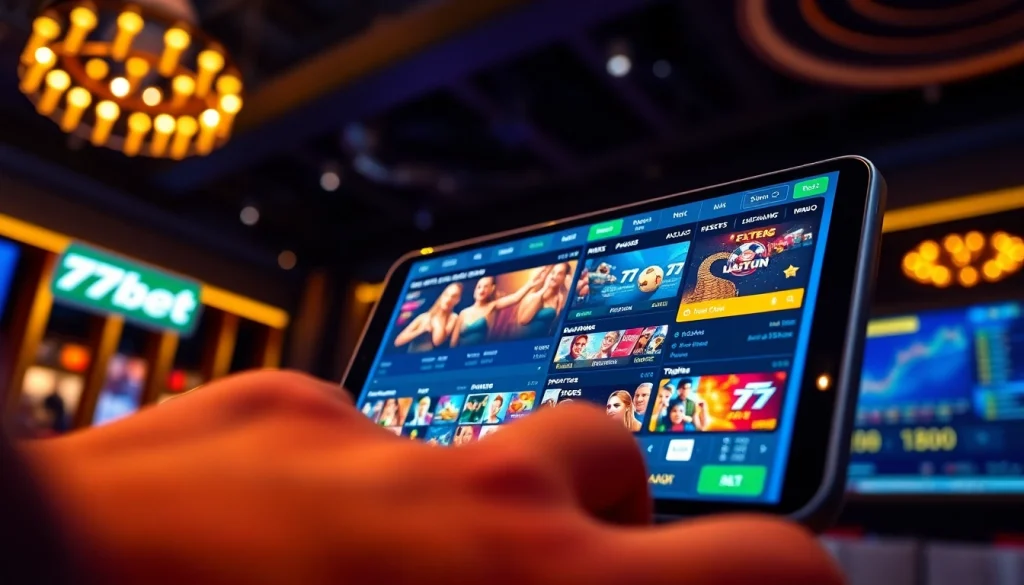 Engaging scene of a user interacting with the 77bet app, showcasing online betting excitement and variety.