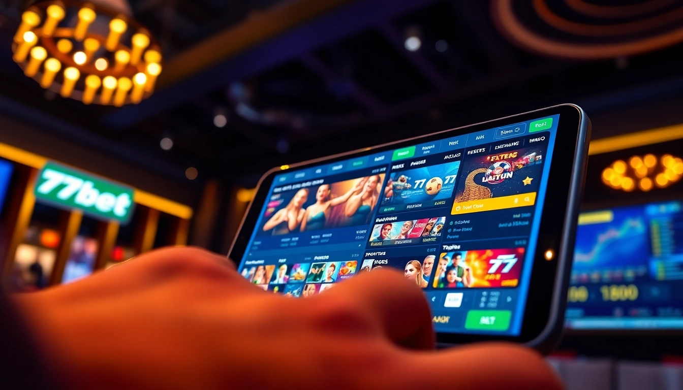 Engaging scene of a user interacting with the 77bet app, showcasing online betting excitement and variety.