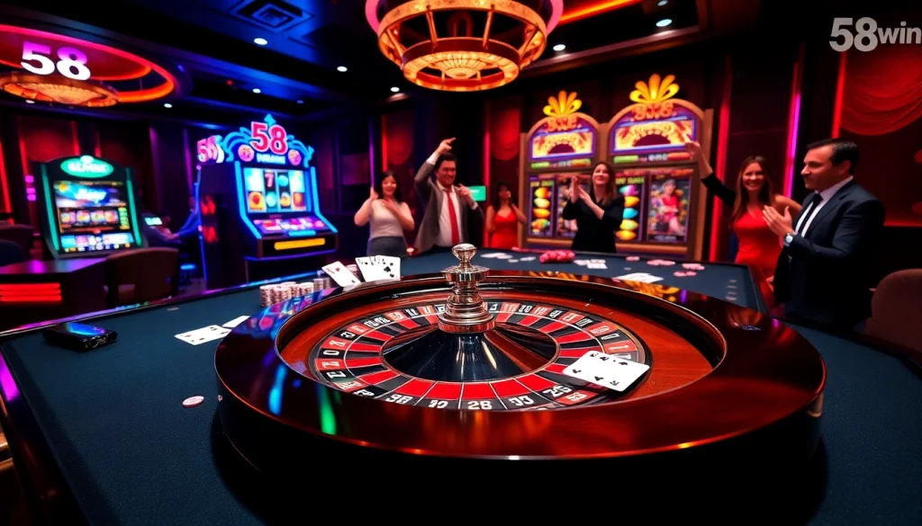 Experience the thrill of gambling at 58win with a vibrant casino scene featuring roulette, dice, and poker cards.