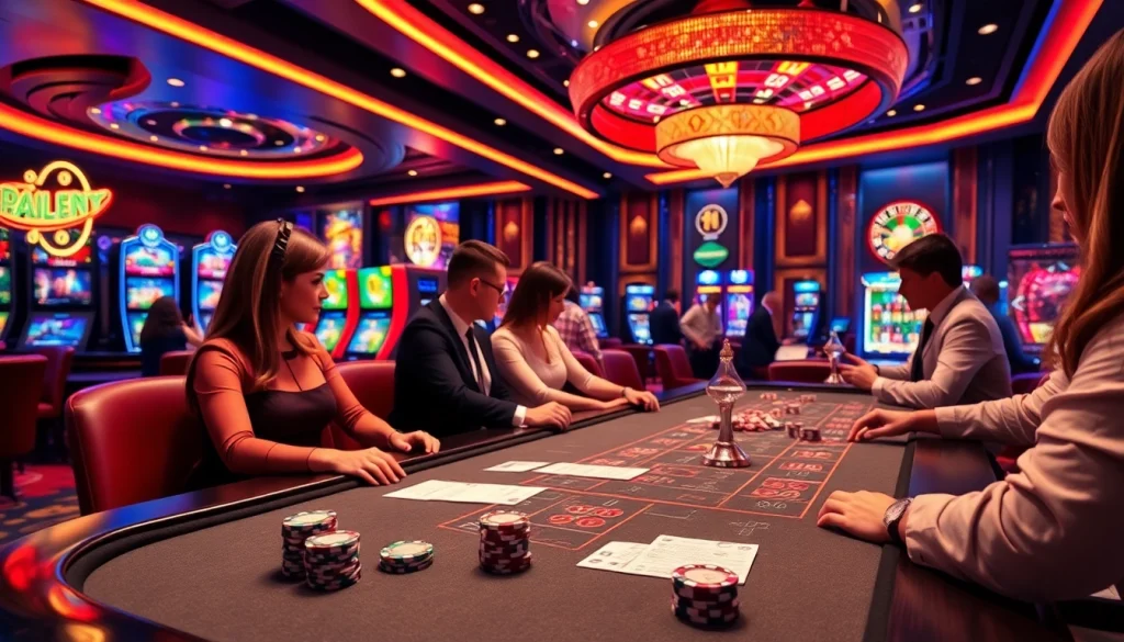 Link vào lu88 highlights a dynamic online casino scene with vibrant tables and excited players.