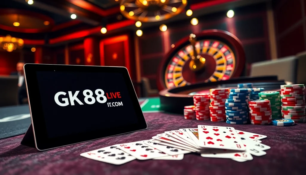 Engage in thrilling games at GK88LIVE.IT.COM with vibrant casino elements, including poker cards and roulette.