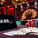 Engage in thrilling games at GK88LIVE.IT.COM with vibrant casino elements, including poker cards and roulette.