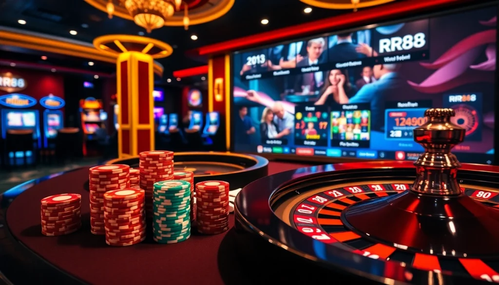Experience high-stakes action at RR88's vibrant poker table with chips and cards.