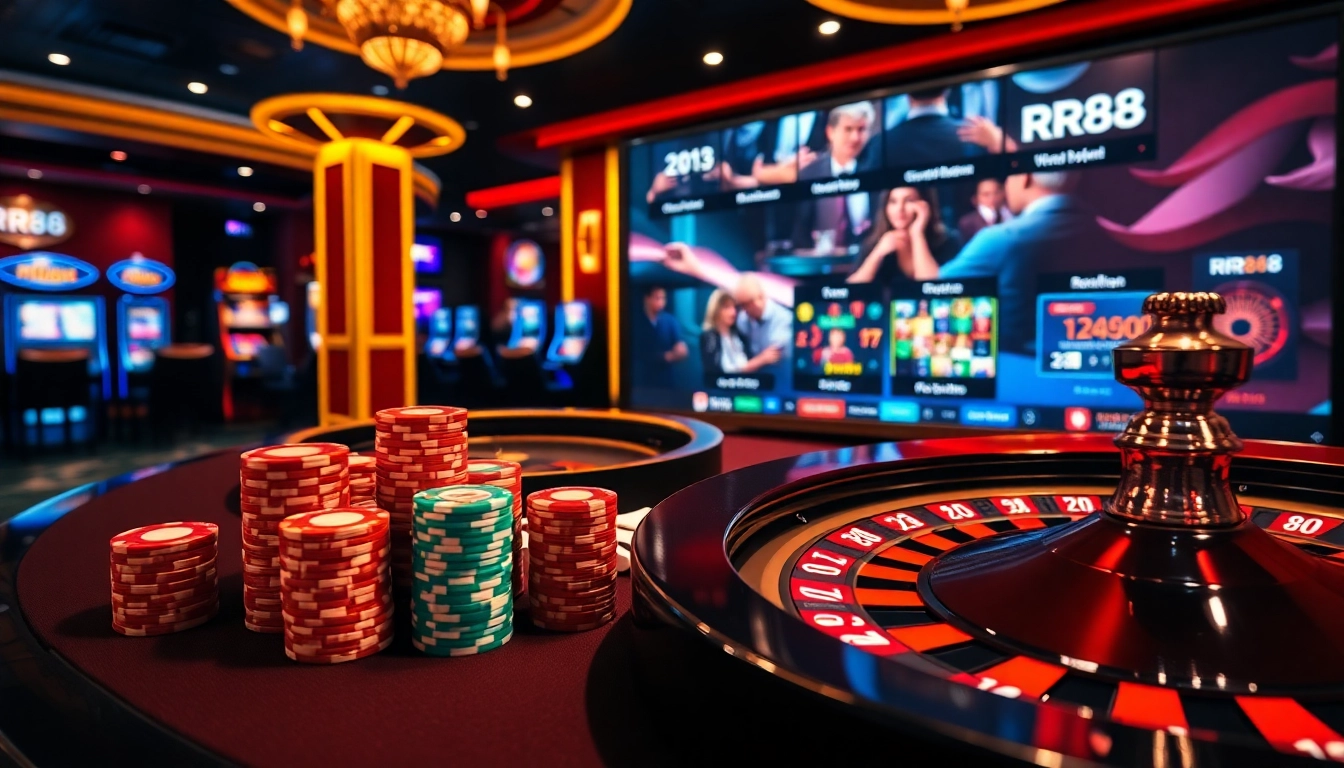 Experience high-stakes action at RR88's vibrant poker table with chips and cards.