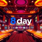 8day online gaming platform with vibrant casino atmosphere showcasing slot machines and sports betting.