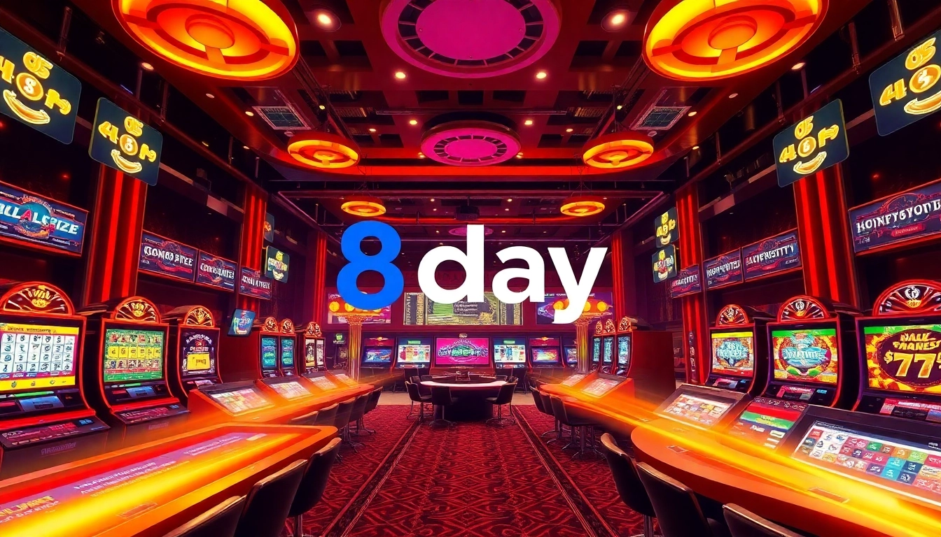 8day online gaming platform with vibrant casino atmosphere showcasing slot machines and sports betting.